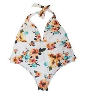 CUPSHE  SZ 3X One Piece Swim Suit NEW Padded Bra White Orange Floral Halter